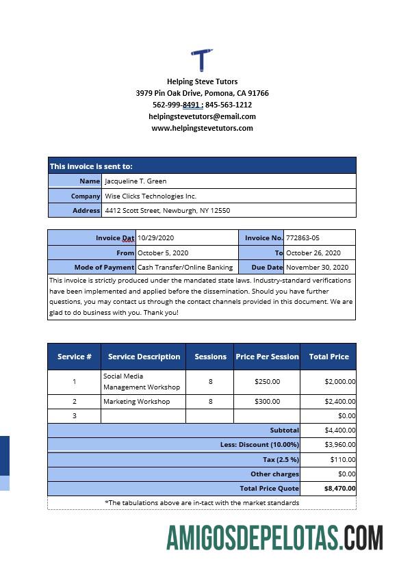 em branco Modelo de fatura de trabalho freelance em casa
